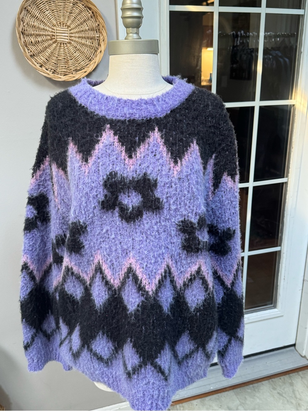 POL Fuzzy Floral Fair Isle Knit Oversized Pullover Sweater Purple Black Small